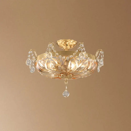 Vintage Brass Semi Flush Mount Ceiling Light With Amber Glass - 5 - Light Shaded Lighting For