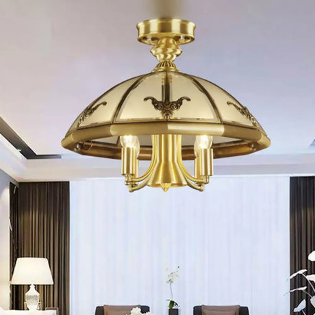Vintage Brass Sheep/Oval Ceiling Light Fixture - 5 Bulbs Mouth Blown Opal Glass Semi Flush Mount