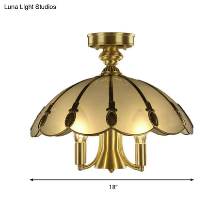 Vintage Brass Sheep/Oval Ceiling Light Fixture - 5 Bulbs Mouth Blown Opal Glass Semi Flush Mount