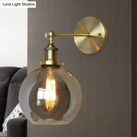 Vintage Brass Smoked Glass Wall Lamp Bubble Shade Sconce Light For Coffee Shop