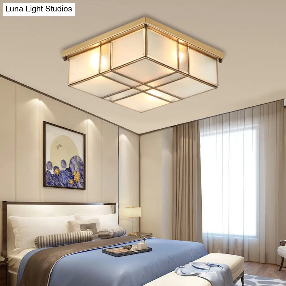 Vintage Brass Square Flush Mount Light With Frosted Glass Shades - Perfect For Bedrooms And