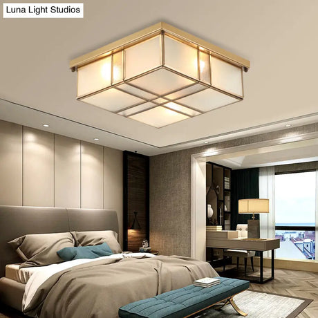 Vintage Brass Square Flush Mount Light With Frosted Glass Shades - Perfect For Bedrooms And