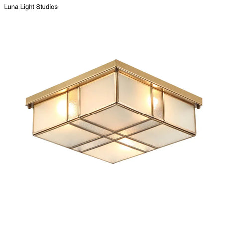 Vintage Brass Square Flush Mount Light With Frosted Glass Shades - Perfect For Bedrooms And Hallways