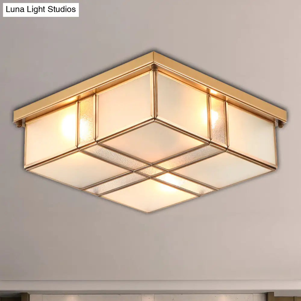 Vintage Brass Square Flush Mount Light With Frosted Glass Shades - Perfect For Bedrooms And