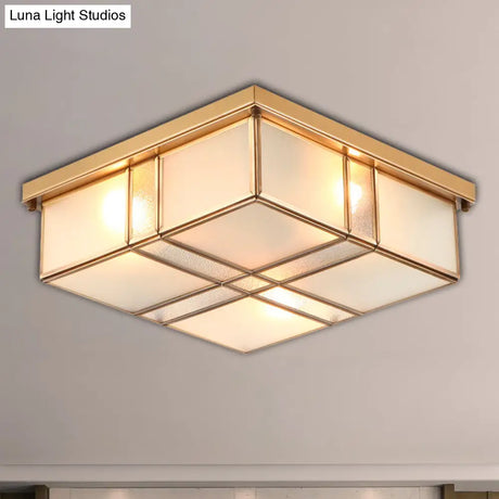 Vintage Brass Square Flush Mount Light With Frosted Glass Shades - Perfect For Bedrooms And
