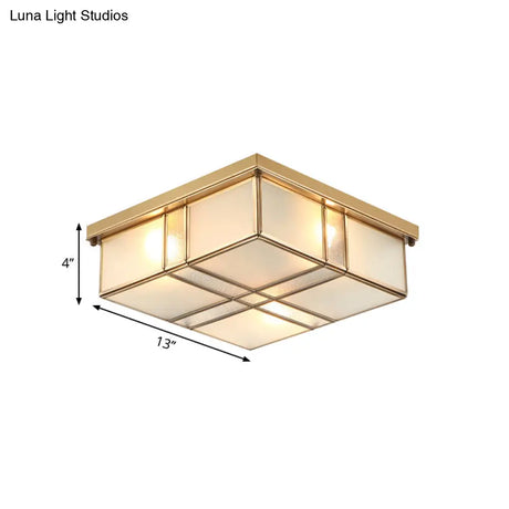 Vintage Brass Square Flush Mount Light With Frosted Glass Shades - Perfect For Bedrooms And Hallways