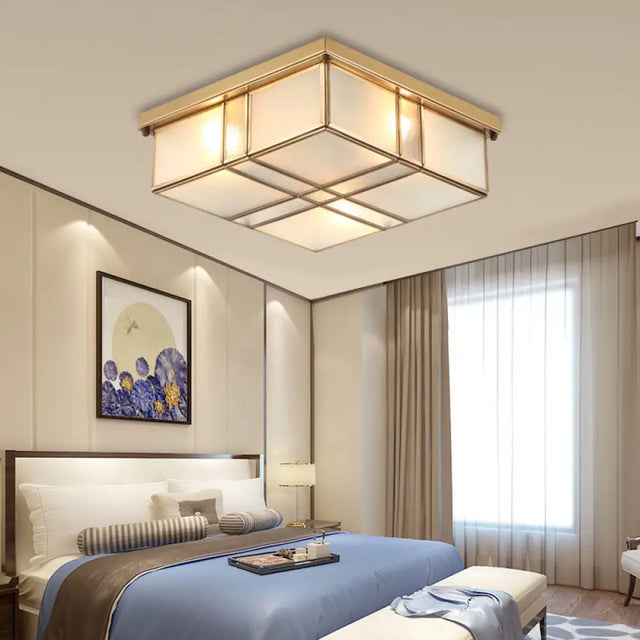 Vintage Brass Square Flush Mount Light With Frosted Glass Shades - Perfect For Bedrooms And