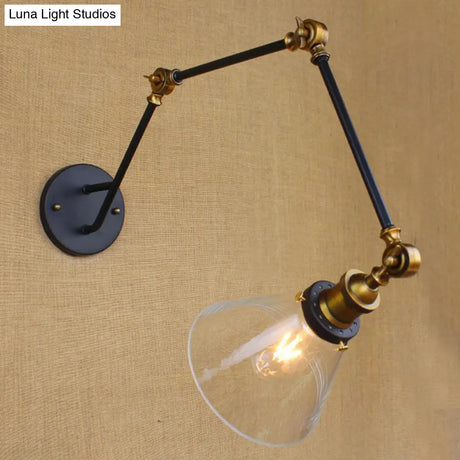 Vintage Brass Wall Sconce Extendable Arm Clear Glass Shade 1-Bulb Light Fixture
