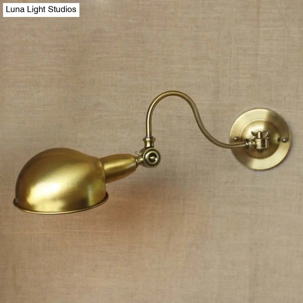 Vintage Brass Wall Sconce Light With Metallic Dome Shade And Gooseneck Arm