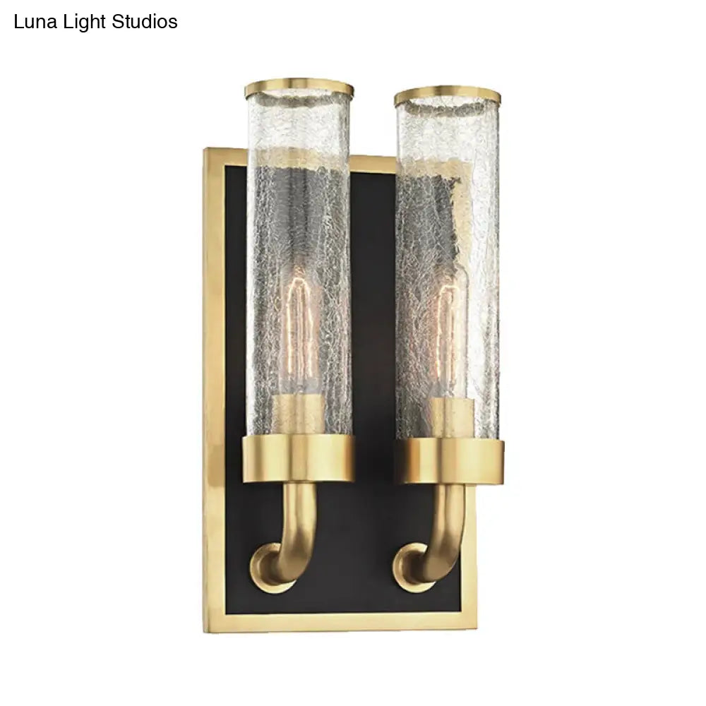 Vintage Brass Wall Sconce With Clear Crackle Glass Shade - Metal Tube Lighting For Dining Room (1/2