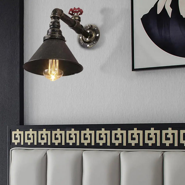 Vintage Brass Wall Sconce With Metal Cone Shade And Valve Décor - Antique Style Lamp Fixture
