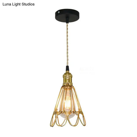 Vintage Brass Wire Frame Pendant Lamp W/ Ruffled Edge - Metallic 1-Light Hanging Light For Living