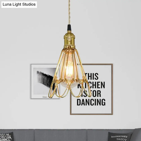 Vintage Brass Wire Frame Pendant Lamp W/ Ruffled Edge - Metallic 1-Light Hanging Light For Living