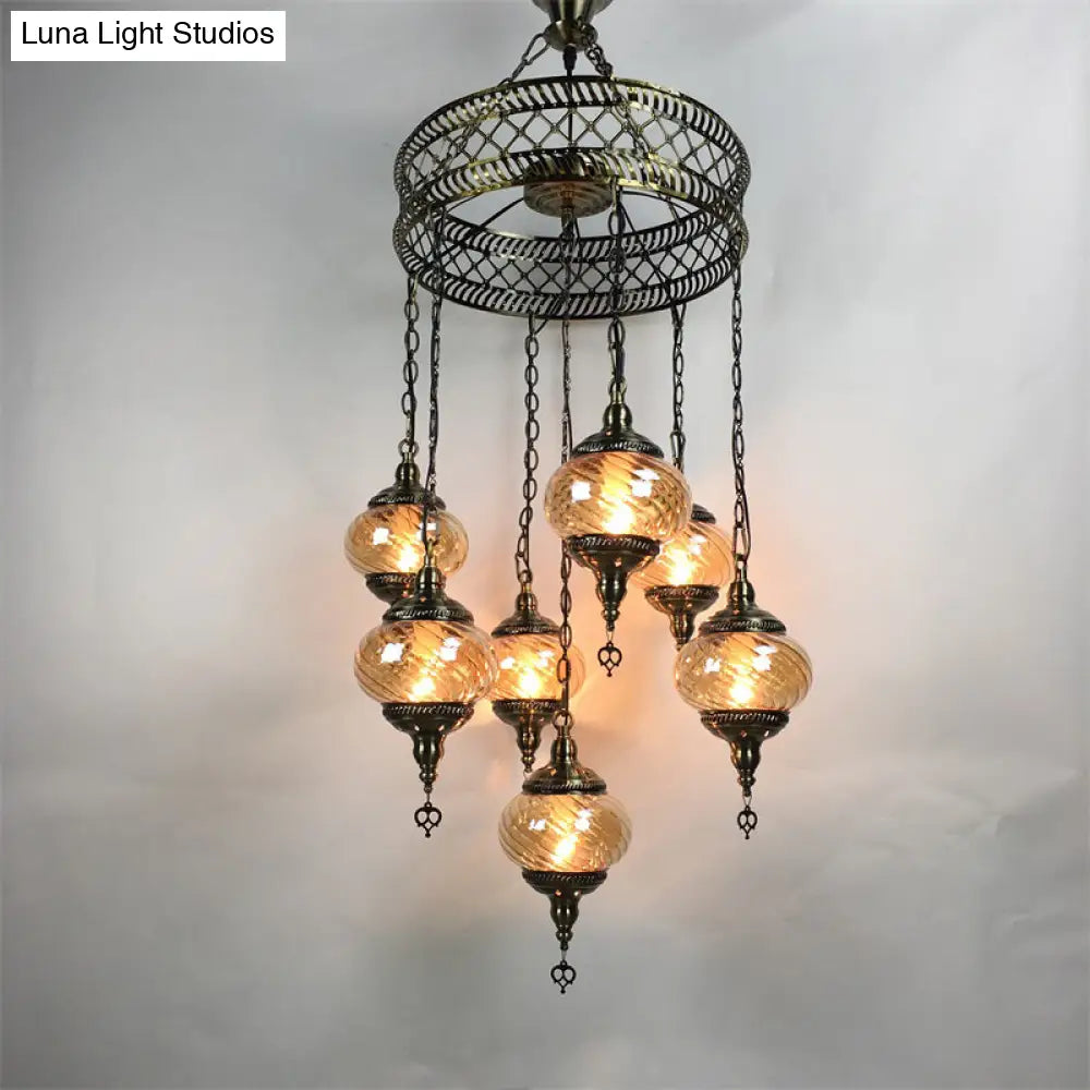 Vintage Bronze Chandelier With Colorful Glass Shades - 3/5/7 Bulbs Pendant Light For Coffee House