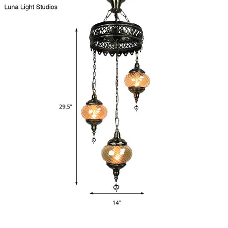 Vintage Bronze Chandelier With Colorful Glass Shades - 3/5/7 Bulbs Pendant Light For Coffee House