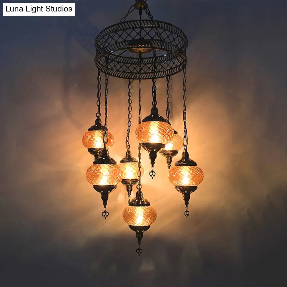 Vintage Bronze Chandelier With Colorful Glass Shades - 3/5/7 Bulbs Pendant Light For Coffee House