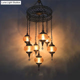 Vintage Bronze Chandelier With Colorful Glass Shades - 3/5/7 Bulbs Pendant Light For Coffee House
