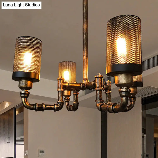Vintage Bronze Cylinder Chandelier Lamp - 4 Bulbs Mesh Screen Iron Hanging Pendant Light
