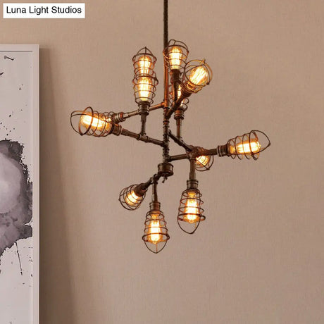 Vintage Bronze Iron Cage Chandelier Lamp - 8/12 Heads Stylish Wire Design Perfect For Dining Room