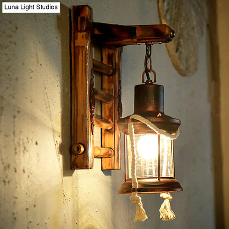 Vintage Bronze Kerosene Wall Lamp With Clear Glass Sconce For Indoor - Bamboo Backplate 1 Light