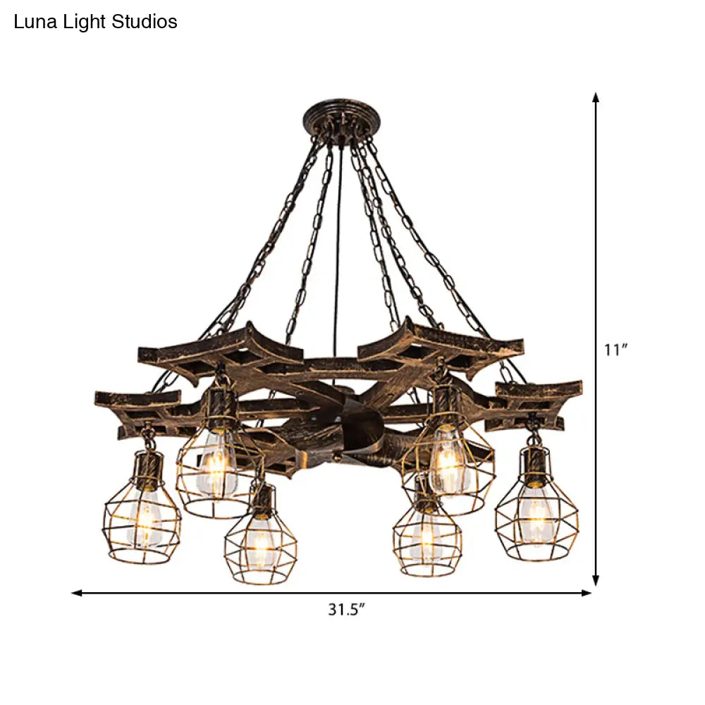 Vintage Bronze Metal Globe Chandelier - 6 Bulbs Hanging Ceiling Fixture With Cage