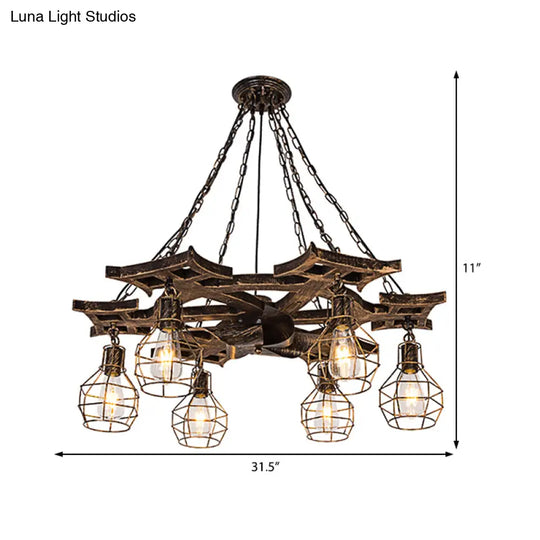Vintage Bronze Metal Globe Chandelier - 6 Bulbs Hanging Ceiling Fixture With Cage
