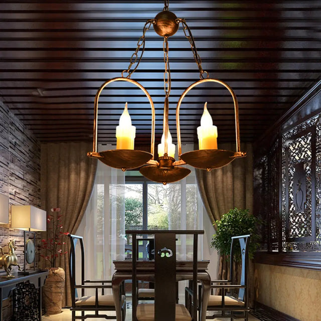 Vintage Bronze Metal Pendant Chandelier - Three-Light Candle Fixture For Dining Room Ceiling