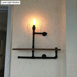 Vintage Bronze Wall Mount Light With Wood Shelf And Water Pipe Design For Living Room Décor