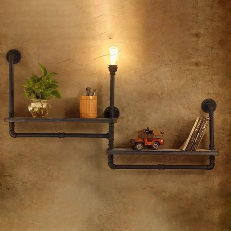 Vintage Bronze Wall Mount Light With Wood Shelf And Water Pipe Design For Living Room Décor / A