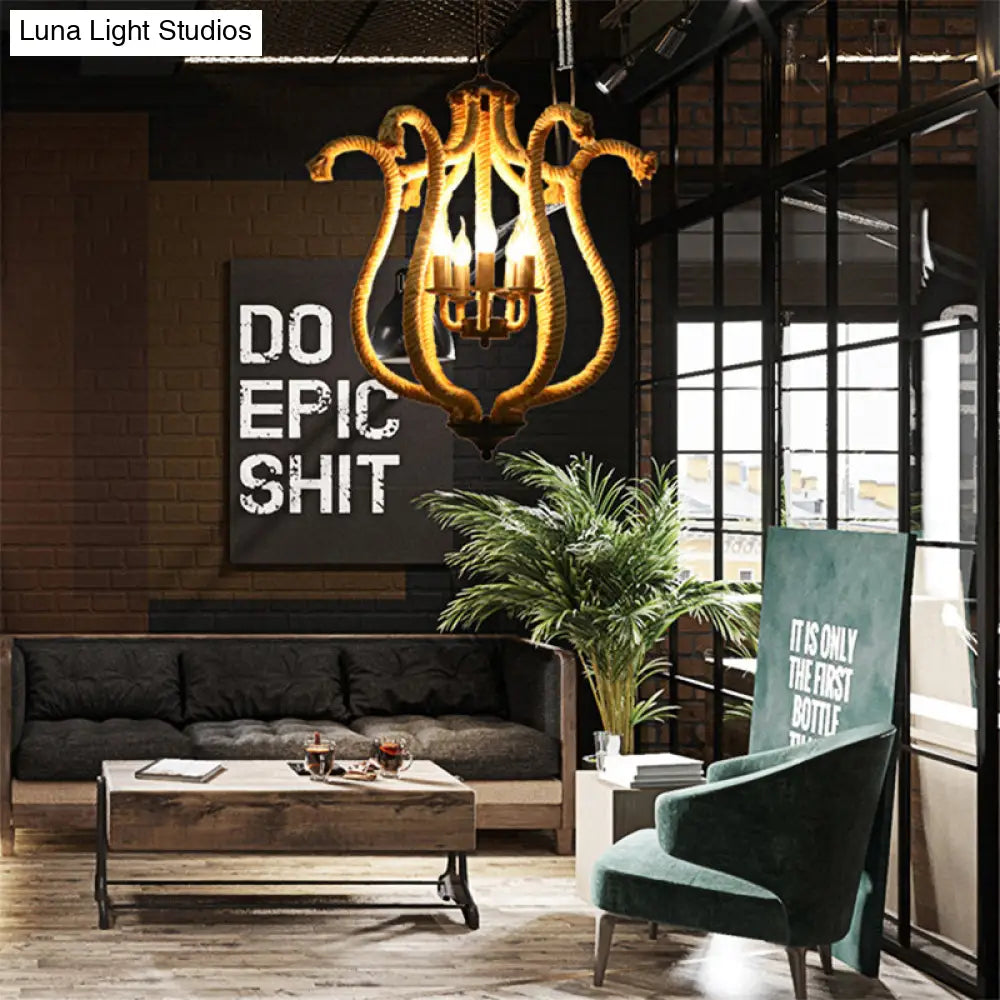 Vintage Brown 5-Head Roped Cage Chandelier With Flower Shade - Ideal For Restaurants