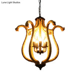 Vintage Brown 5-Head Roped Cage Chandelier With Flower Shade - Ideal For Restaurants