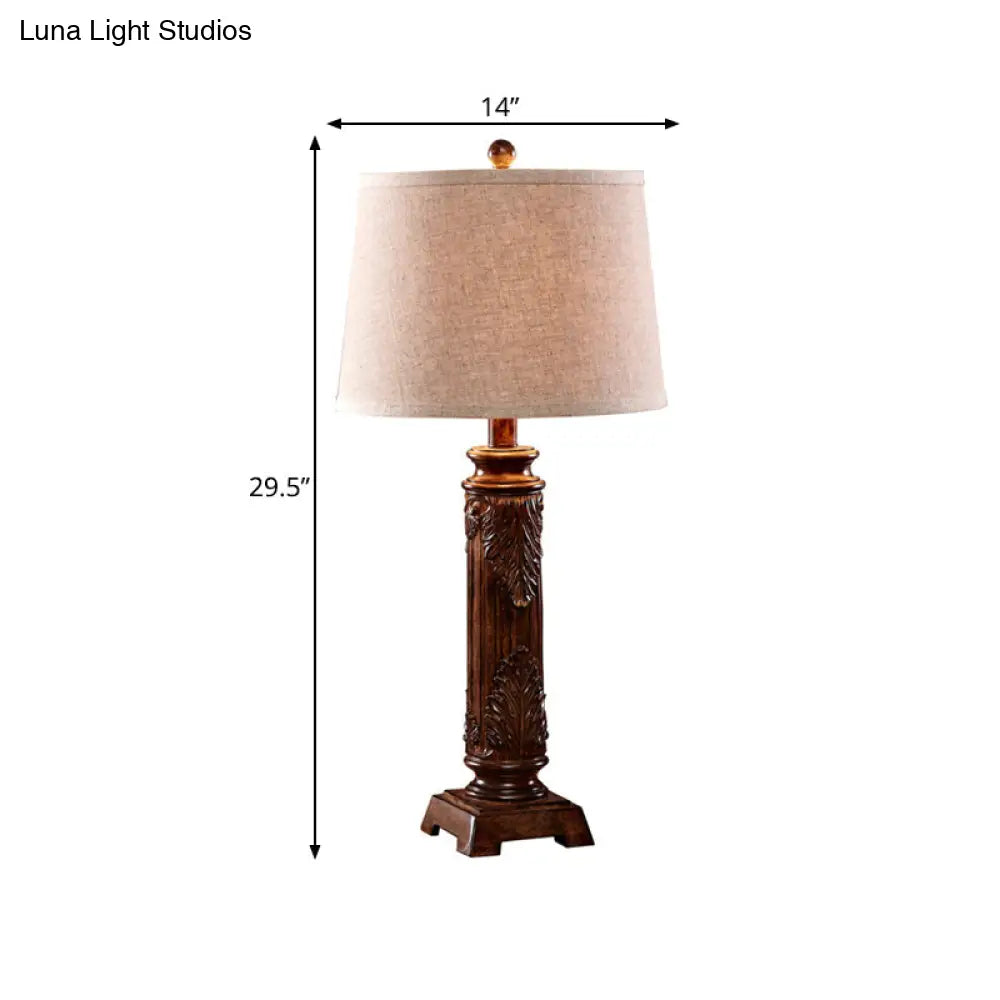 Vintage Brown Carved Base Table Lamp With Tapered Fabric Shade - Perfect For Study Rooms And Night