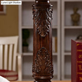 Vintage Brown Carved Base Table Lamp With Tapered Fabric Shade - Perfect For Study Rooms And Night