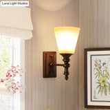 Vintage Brown Cone Shade Wall Mounted Lamp With Cream Glass - 1-Light Fixture For Living Room