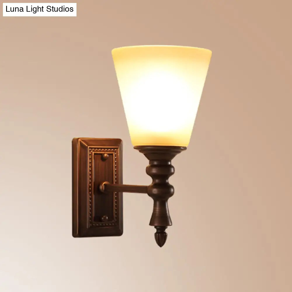 Vintage Brown Cone Shade Wall Mounted Lamp With Cream Glass - 1-Light Fixture For Living Room