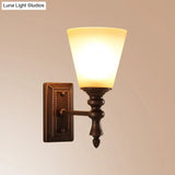 Vintage Brown Cone Shade Wall Mounted Lamp With Cream Glass - 1-Light Fixture For Living Room