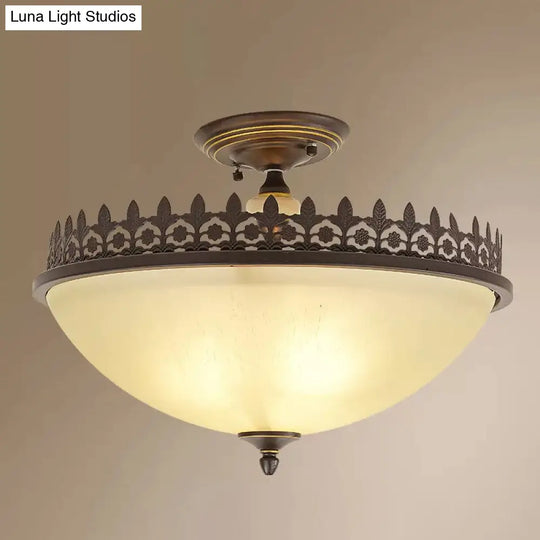 Vintage Brown Filigree Frame Flush Mount Ceiling Light With Frosted Glass Bowl / 18