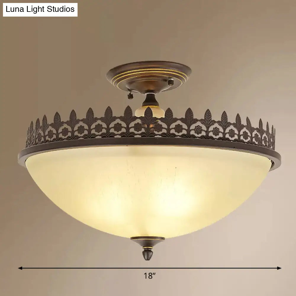 Vintage Brown Filigree Frame Flush Mount Ceiling Light With Frosted Glass Bowl