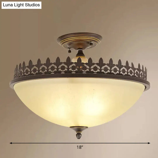 Vintage Brown Filigree Frame Flush Mount Ceiling Light With Frosted Glass Bowl