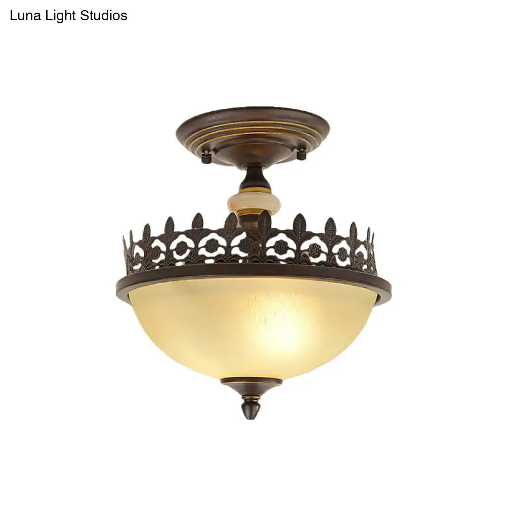 Vintage Brown Filigree Frame Flush Mount Ceiling Light With Frosted Glass Bowl