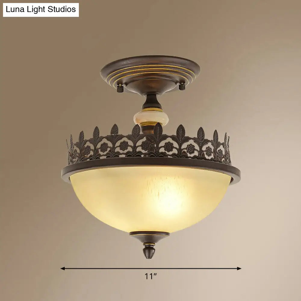 Vintage Brown Filigree Frame Flush Mount Ceiling Light With Frosted Glass Bowl