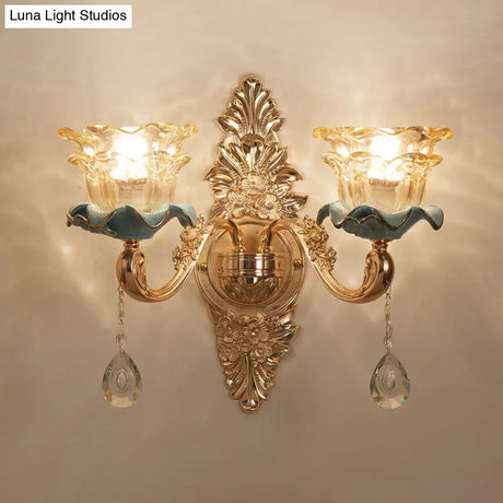 Vintage Brown Glass Floral Wall Light With Gold Ruffle And Crystal
