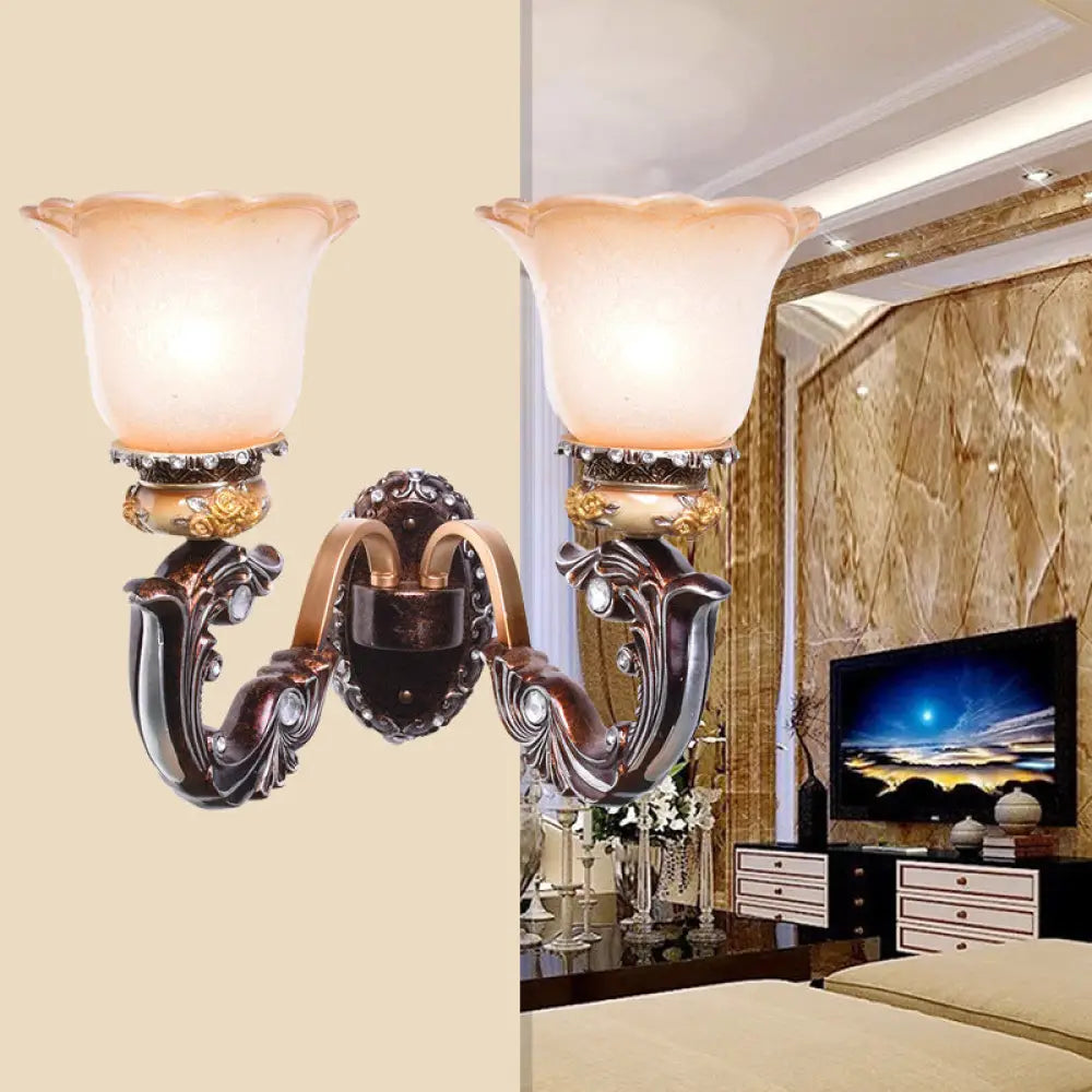 Vintage Brown Half-Head Wall Lamp With Pink And White Floral-Shaped Glass - Retro Lighting Fixture 2