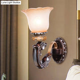 Vintage Brown Half-Head Wall Lamp With Pink And White Floral-Shaped Glass - Retro Lighting Fixture