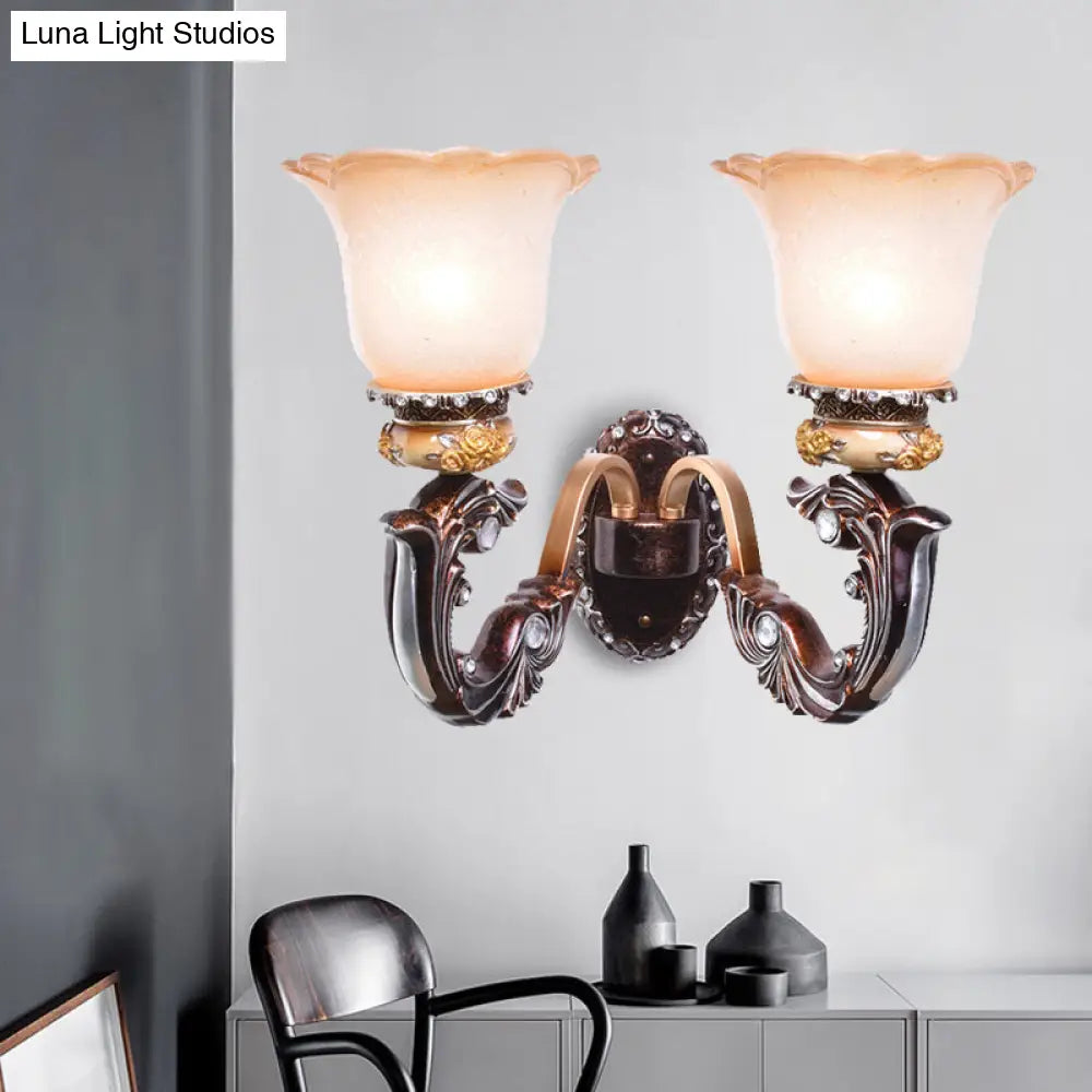 Vintage Brown Half-Head Wall Lamp With Pink And White Floral-Shaped Glass - Retro Lighting Fixture