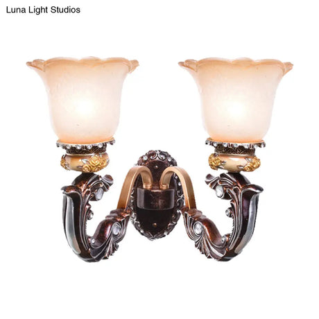 Vintage Brown Half-Head Wall Lamp With Pink And White Floral-Shaped Glass - Retro Lighting Fixture