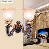 Vintage Brown Half-Head Wall Lamp With Pink And White Floral-Shaped Glass - Retro Lighting Fixture