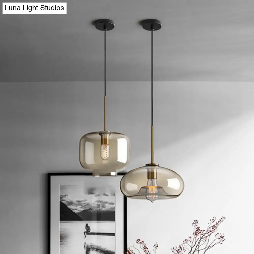 Vintage Cafe Pendant Lamp With Geometric Glass Shade In Brass - 1-Light Hanging Light