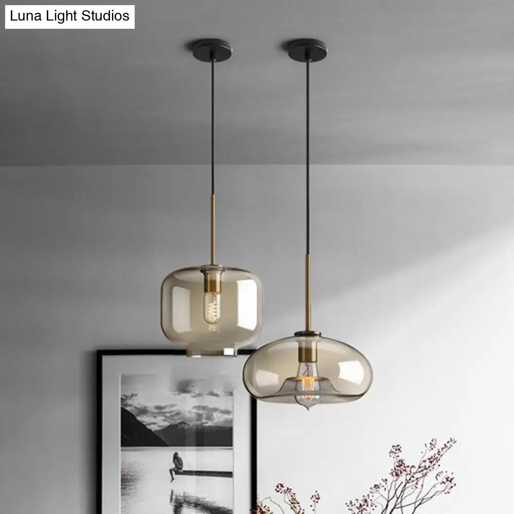 Vintage Brass Pendant Lamp With Geometric Glass Shade - 1-Light Cafe Hanging Light