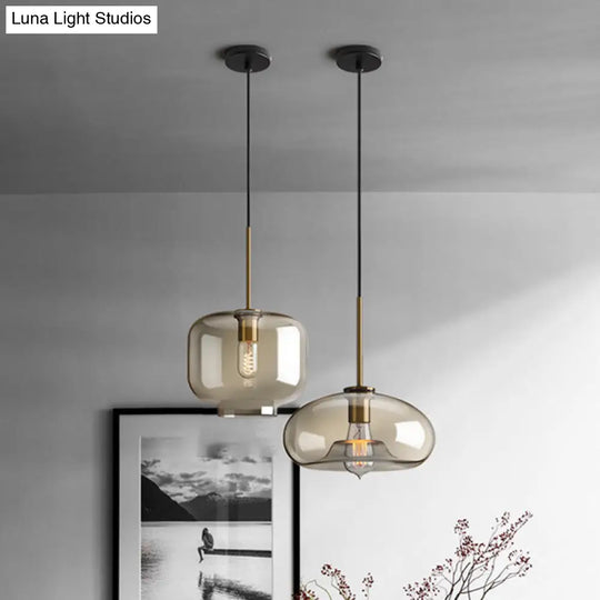 Vintage Brass Pendant Lamp With Geometric Glass Shade - 1-Light Cafe Hanging Light